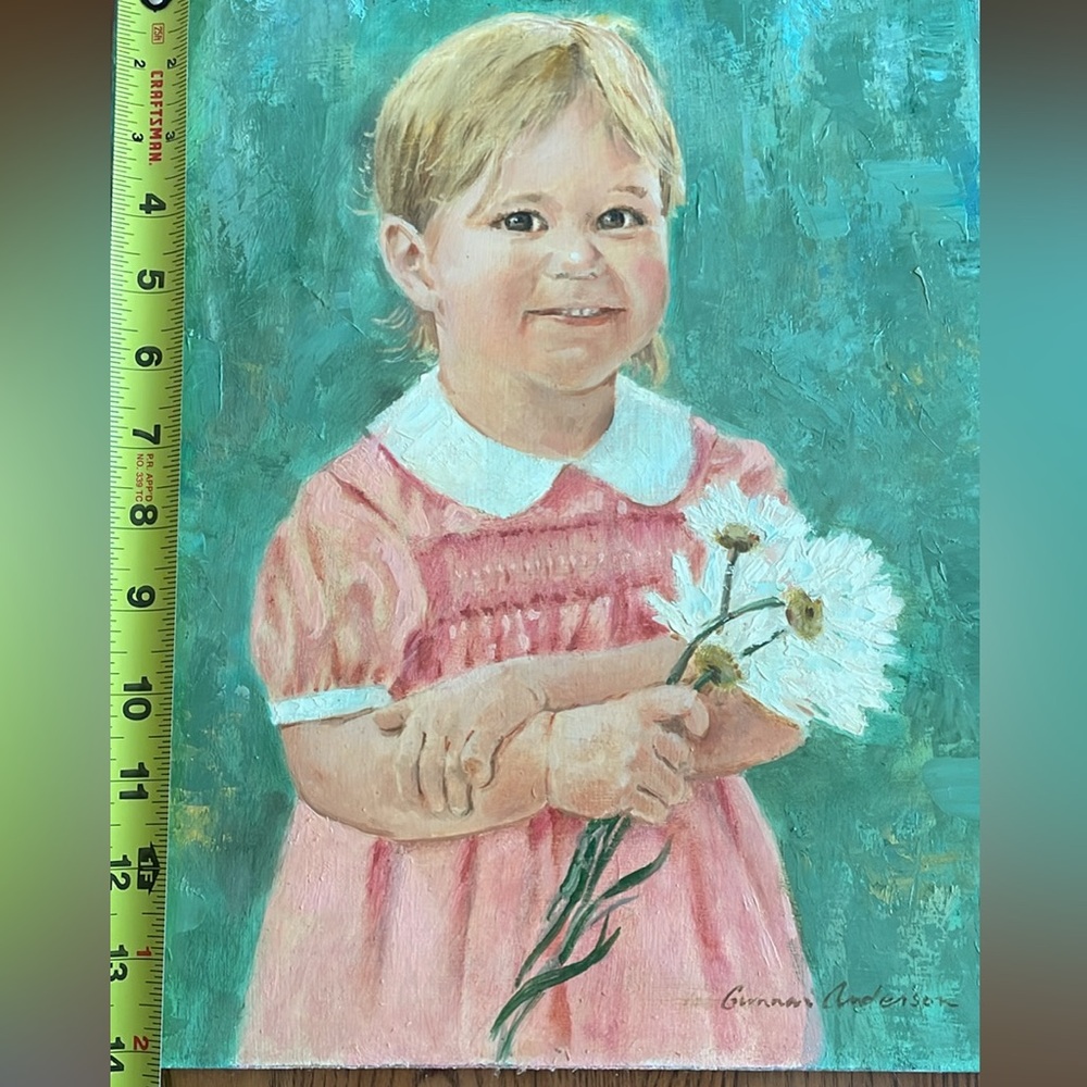 Oil painting on board of a young girl holding daisies